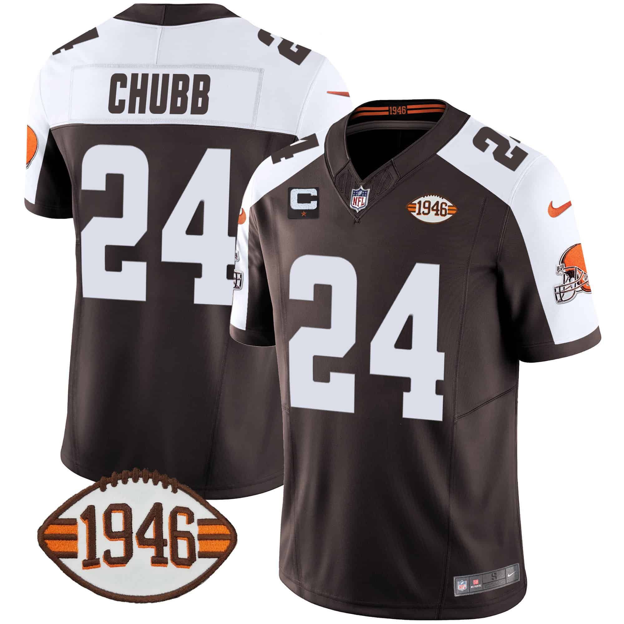 Men Cleveland Browns 24 Chubb Brown 1946 75th Anniversary Patch 2024 Nike NFL Jersey